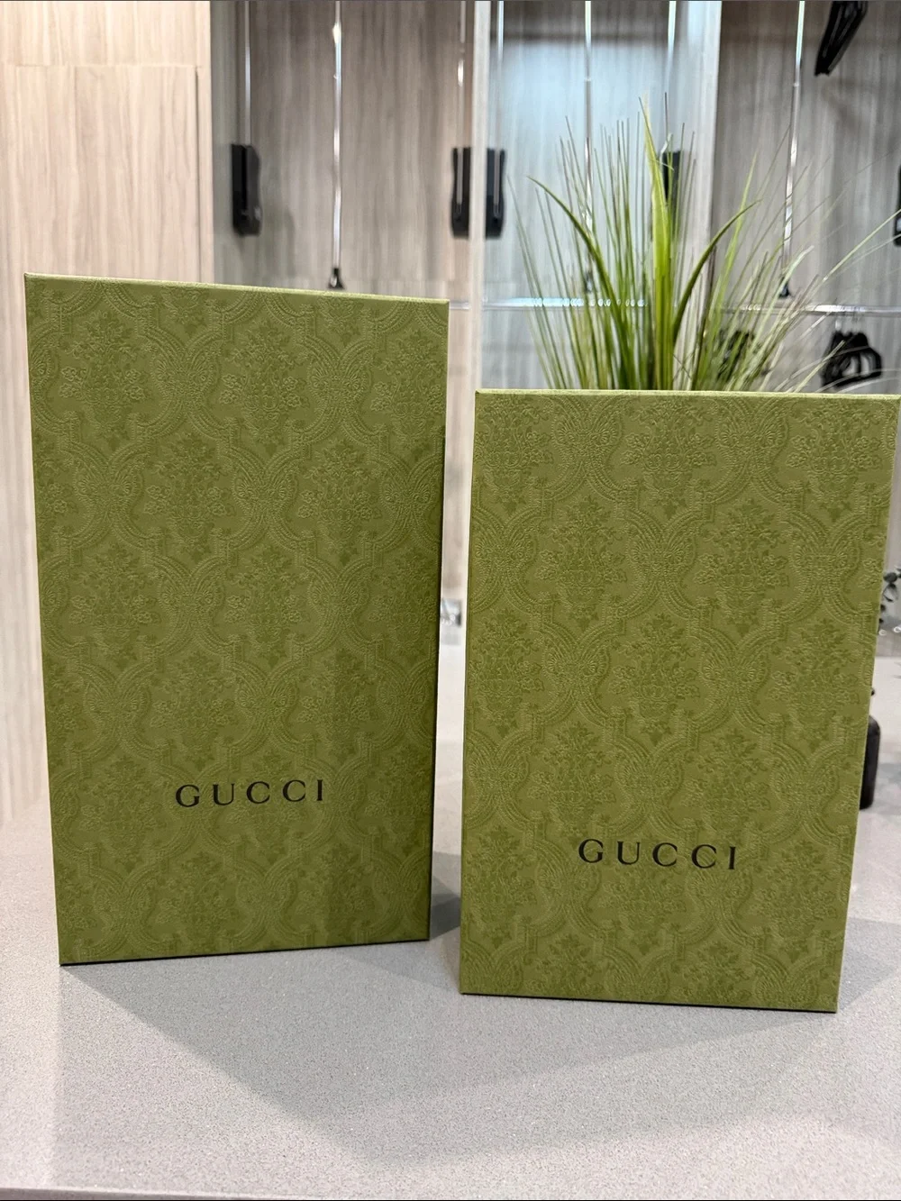 Gucci Olive Green Patterned Gift Boxes with Black Logo (Pair)